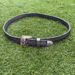 Western Belt Womens Gray Ostrich Print Turquoise Silver Tone Buckle‎ Size 38